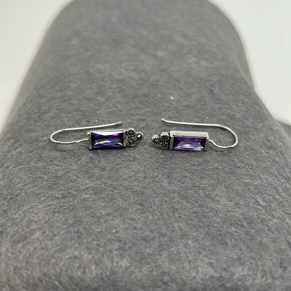925 Purple C Z Stone Earrings with Marcasite Detail - Picture 1 of 13